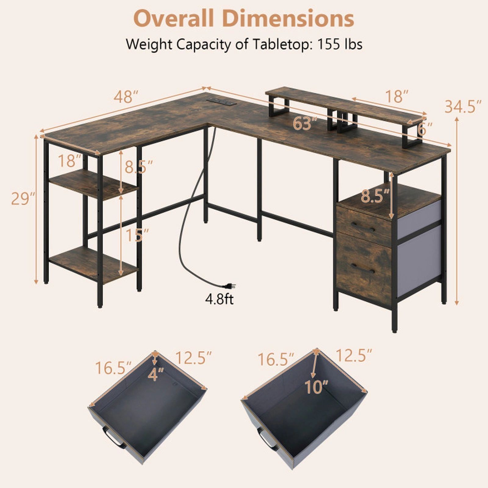 SUGIFT 155-lb Capacity Rustic Brown Reversible L-Shaped Desk with 2 Fabric Drawers and Monitor Stands