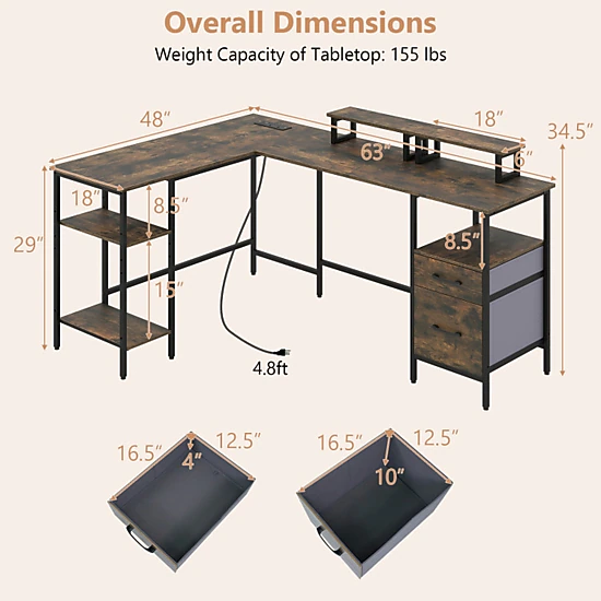 SUGIFT 155-lb Capacity Rustic Brown Reversible L-Shaped Desk with