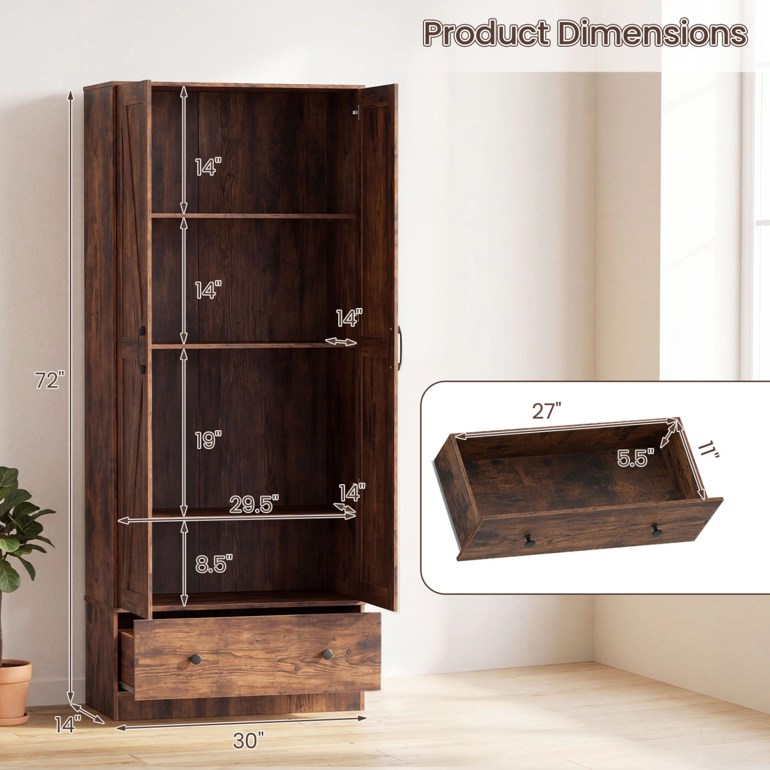 Glintex 72-Inch Farmhouse Pantry Cupboard with 5-Tier Shelves and Drawer
