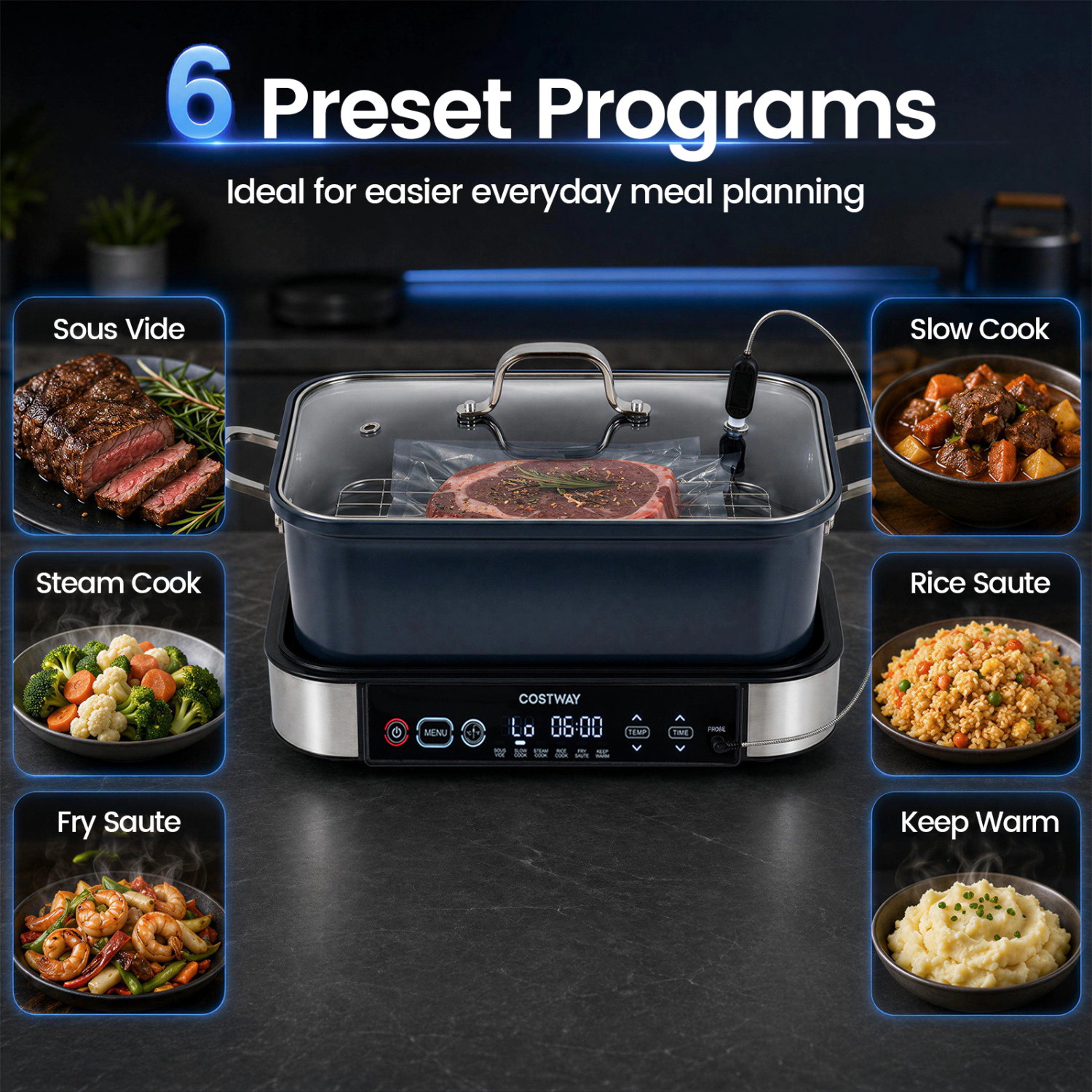 LJG 6-in-1 Programmable Slow Cooker with Keep Warm Functions and Adjustable Timer Control