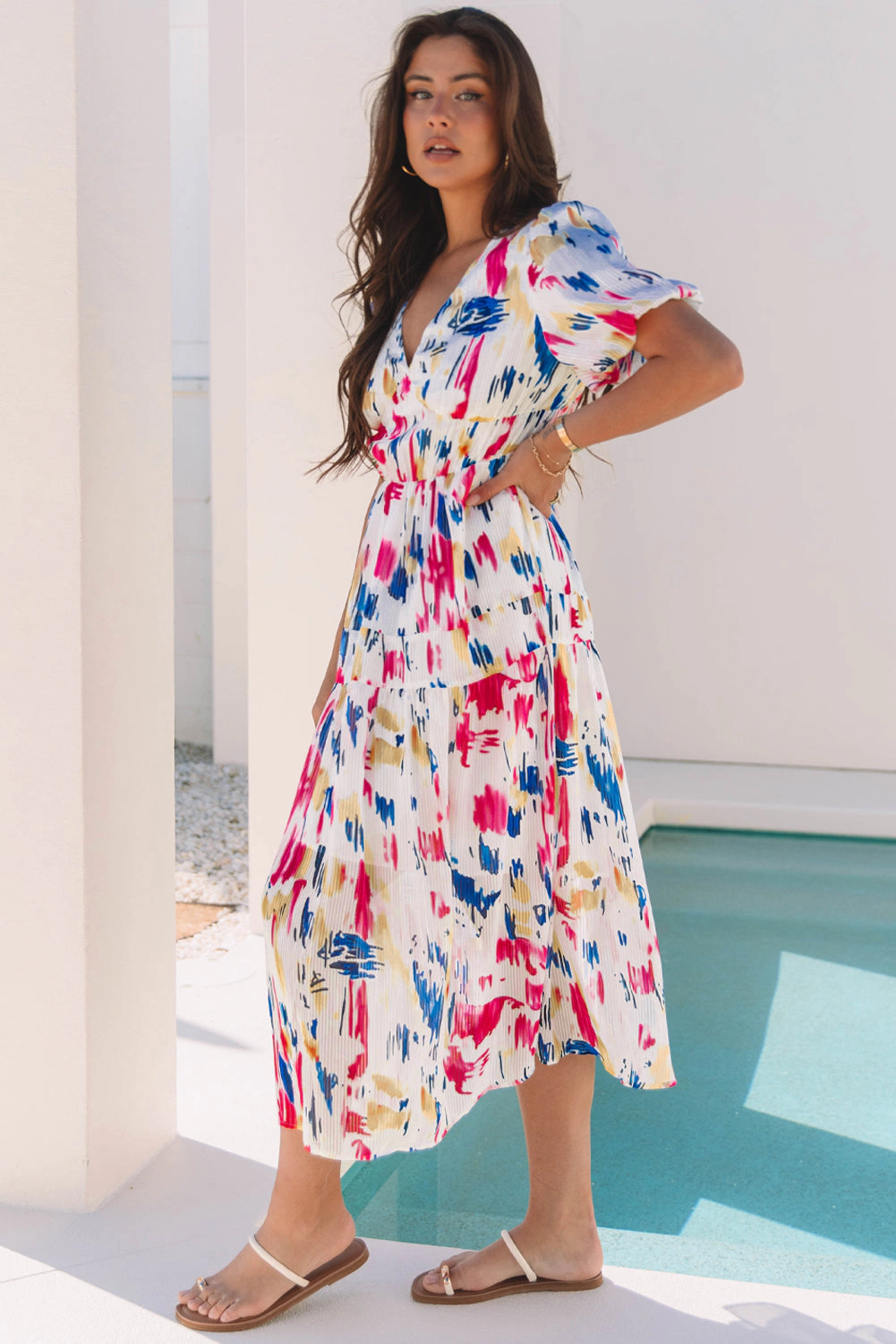 Threaded Pear Women's Nyomi Short Puff Sleeve Tiered Maxi Dress