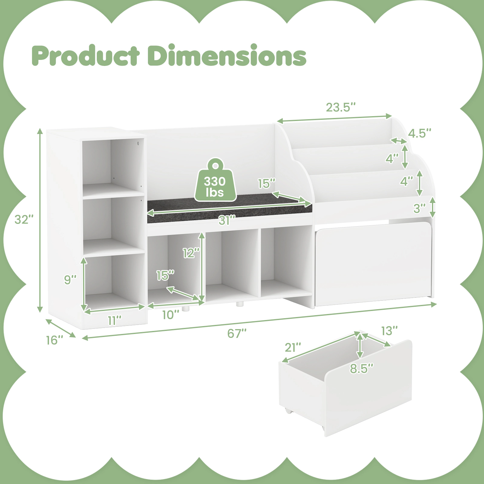 SUGIFT Kids 6 Cubbies Movable Drawer Reading Nook Seat 3-Tier Bookcase 67-in x 16-in x 32-in 330-lb Capacity White