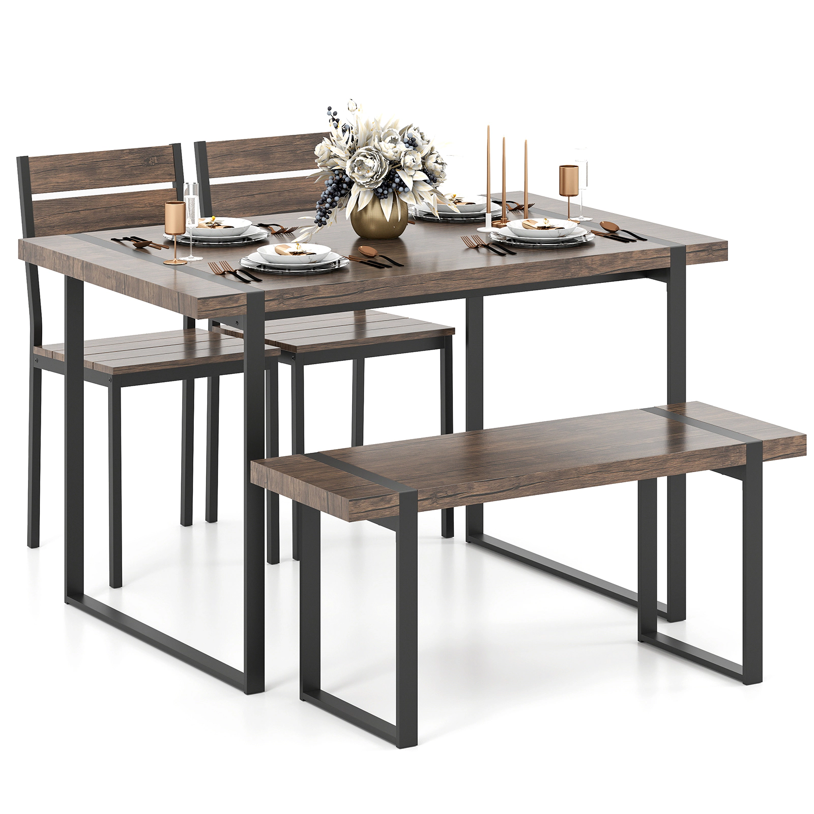 LJG 4-Piece Dining Table Set for 4 with 1 Bench and 2 Chairs