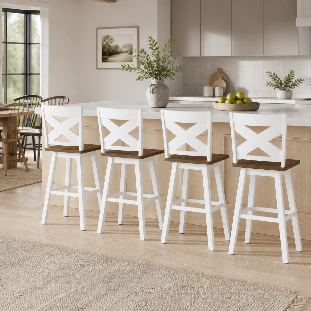 SUGIFT Set of 4 29-Inch Swivel Bar Stools, Rubberwood, Extra-Large Seat, Curved Back, White and Walnut