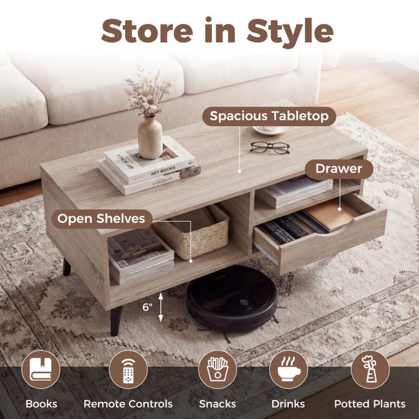 SUGIFT Storage Coffee Table Rectangle Center Table 165-lb Top Capacity Natural/Walnut