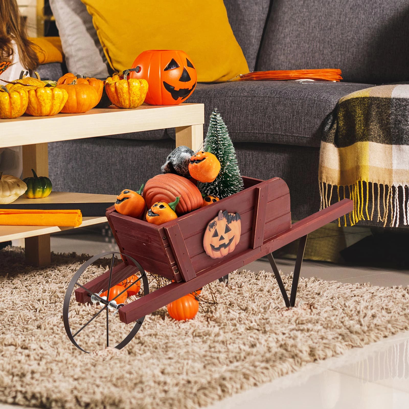 SUGIFT Wooden Wagon Planter Red with 9 Magnetic Accessories and 7.5 in Wheels