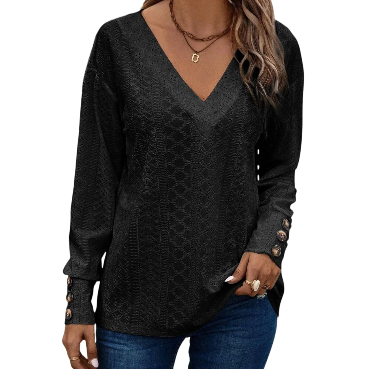 YesFashion Women's Eyelet V Neck Long Sleeve T Shirt Blouses Dressy Casual Embroidered Tops