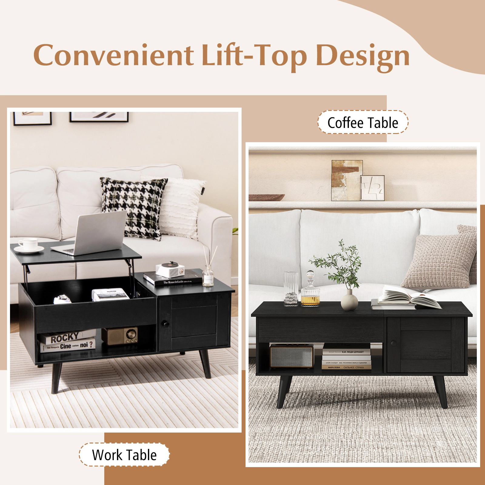 SUGIFT Gas Strut Lift Top Hidden Compartment Door Cabinet Coffee Table 39.5-in x 19.5-in x 18-in 110-lb Capacity Black