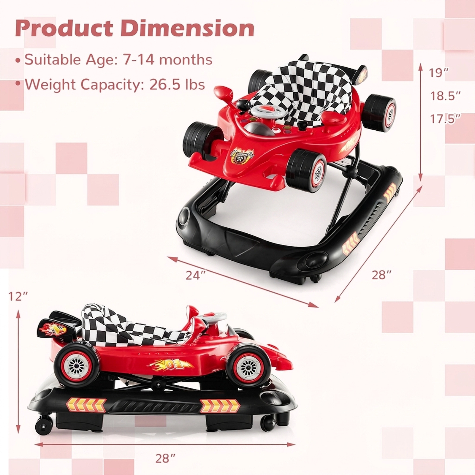 SUGIFT Red 3 Adjustable Height Settings and Music Plate Convertible Baby Walker
