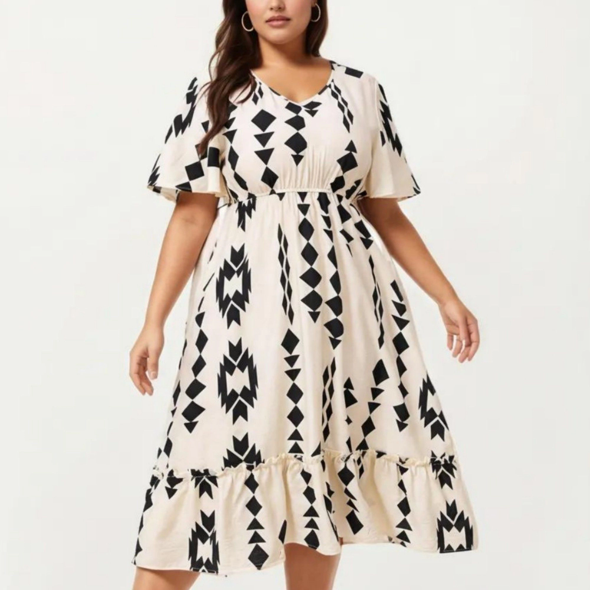 Anna-Kaci Women's Short Sleeve V Neck Elastic Waist Geometric Print Tiered Hem Flowy A Line Midi Dress