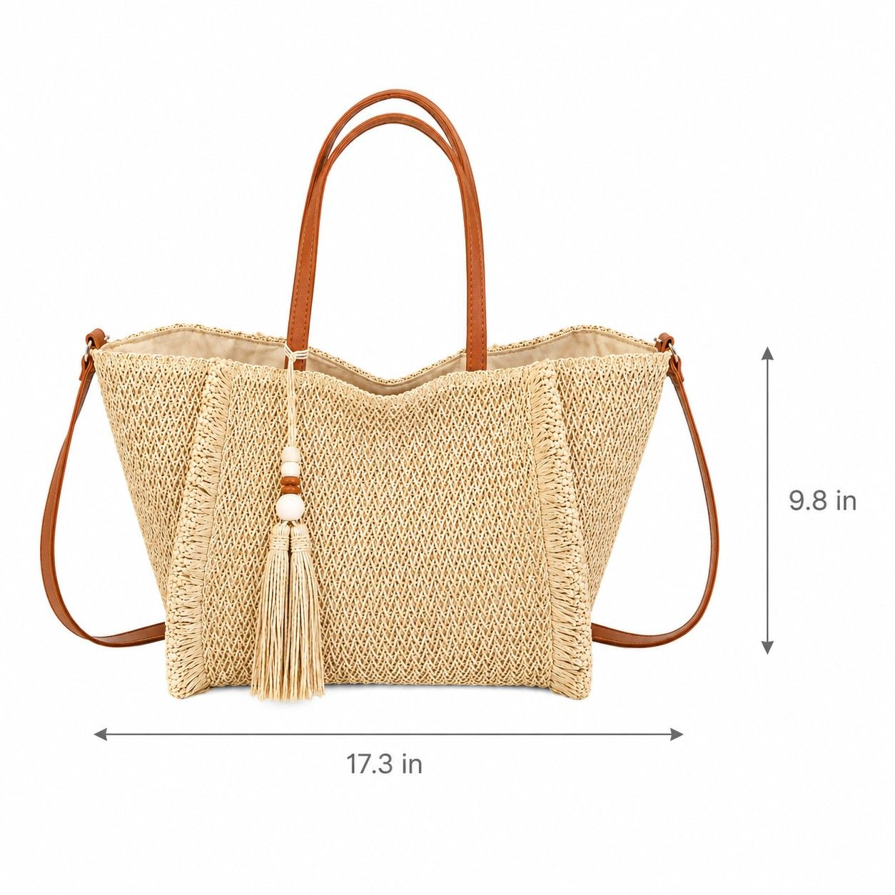 Alilang Women's Fringe Woven Tote Bag with Detachable Strap Zip Closure and Tassel Accent, Khaki