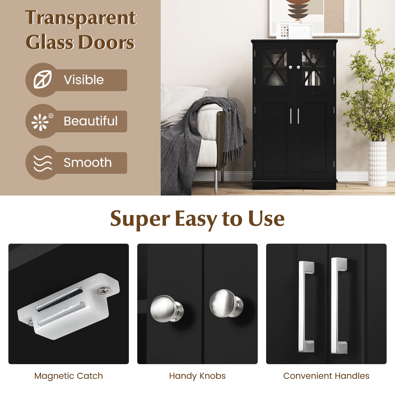 Glintex 4-Door Freestanding Bathroom Cabinet with Glass Doors and 3 Adjustable Shelves