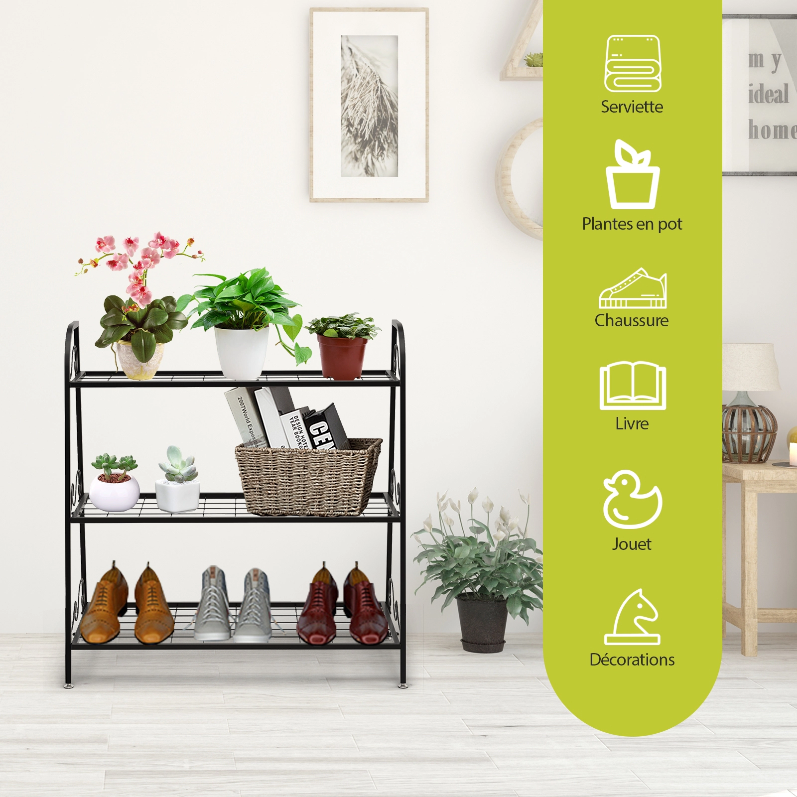 SUGIFT 3-Tier Steel Plant Stand Shelf Display Rack with Side Handles 44/33/22-lb Layer Capacities 32-in Tall Black