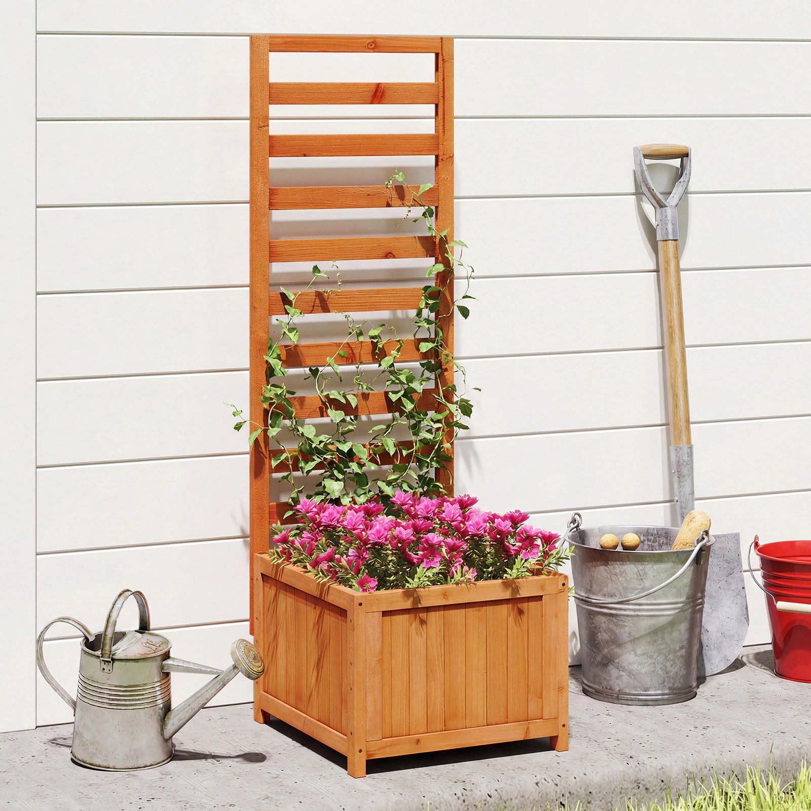LJG 48 Inch Wood Raised Garden Bed with Trellis with Drainage Holes