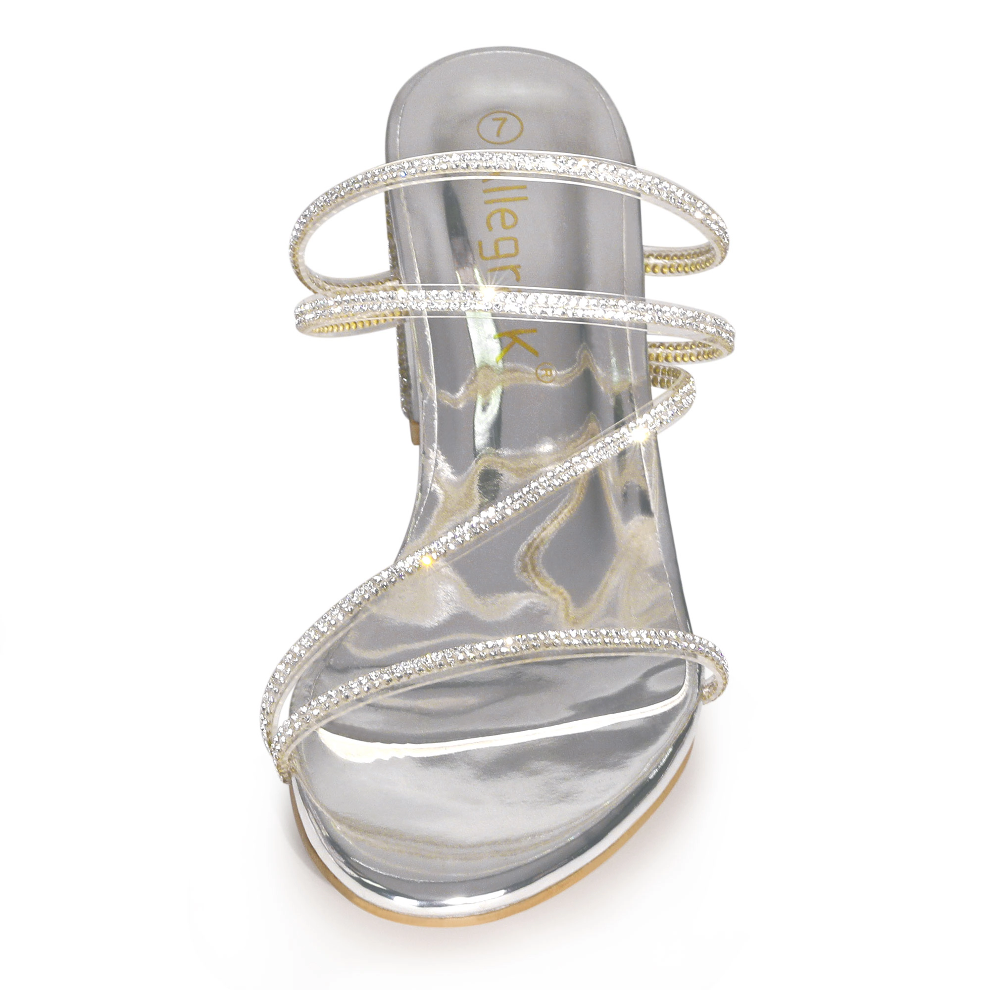 BLISSFUL STEP Women's Open Toe Strappy Rhinestone Block Heel Slide Sandals