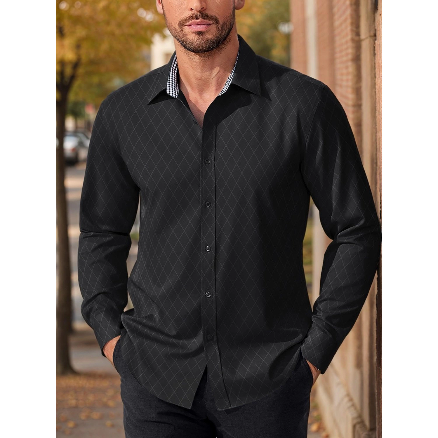 COOFANDY Mens Burgundy Diamond Print Long Sleeve Contrast Cuff Casual Dress Shirt