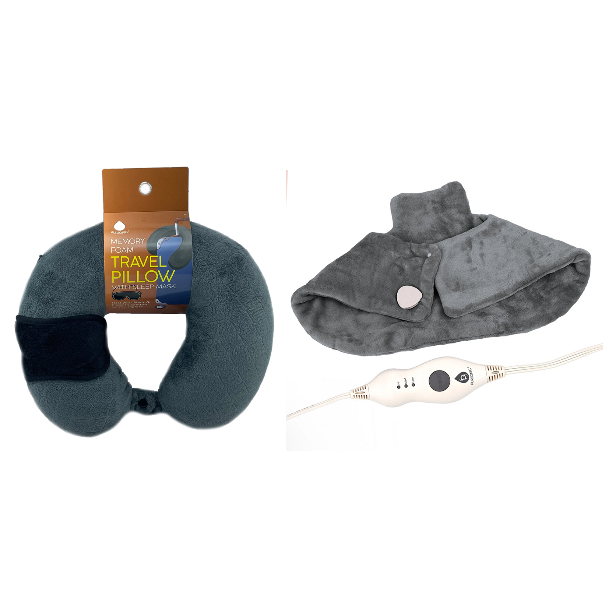 Pursonic Unisex Comfort & Wellness Bundle: Electric Neck & Shoulder Heating Pad + Memory Foam Travel Pillow