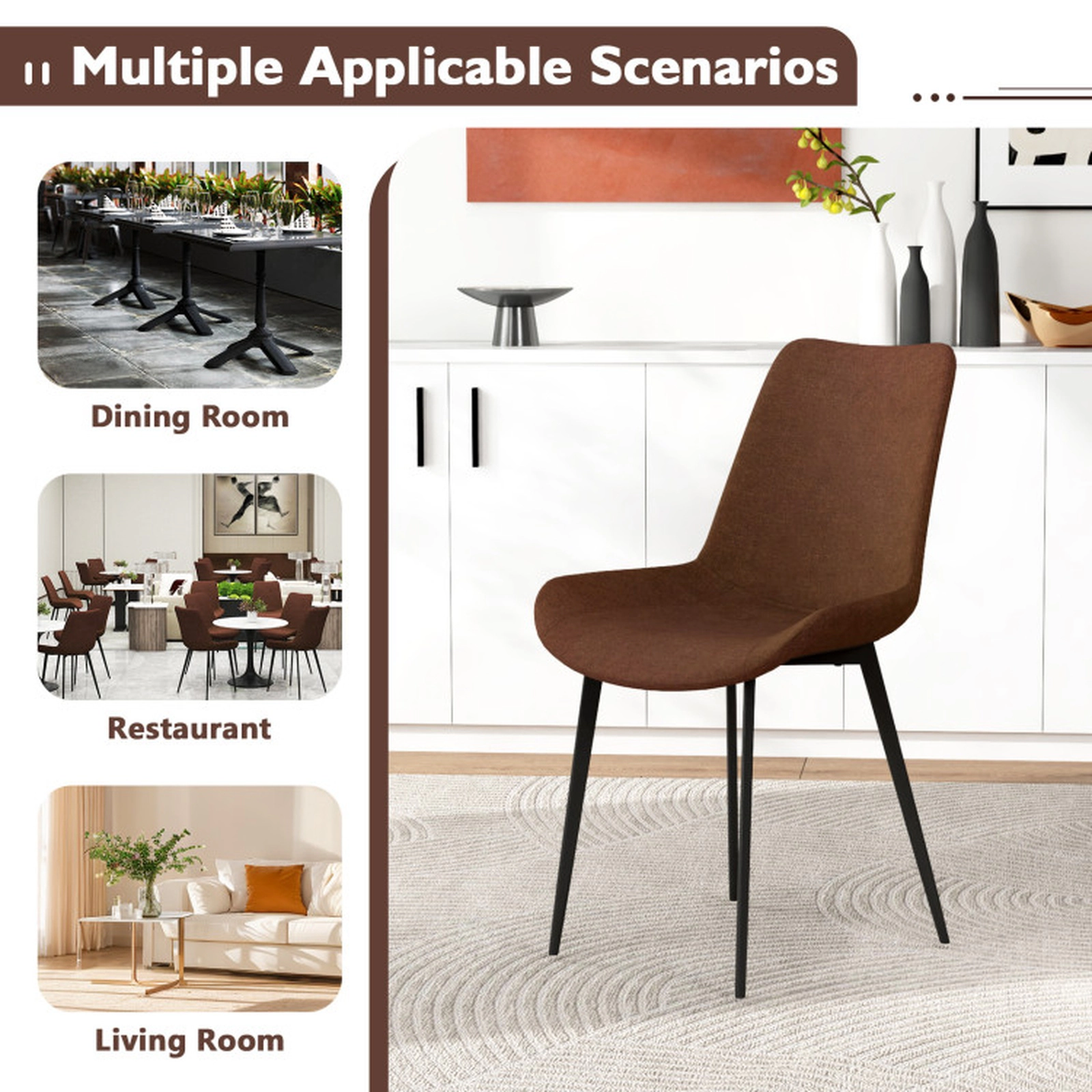 SUGIFT Set of 4 330-lb Capacity Brown Faux Linen Upholstered Dining Chairs with Metal Legs and Padded Back