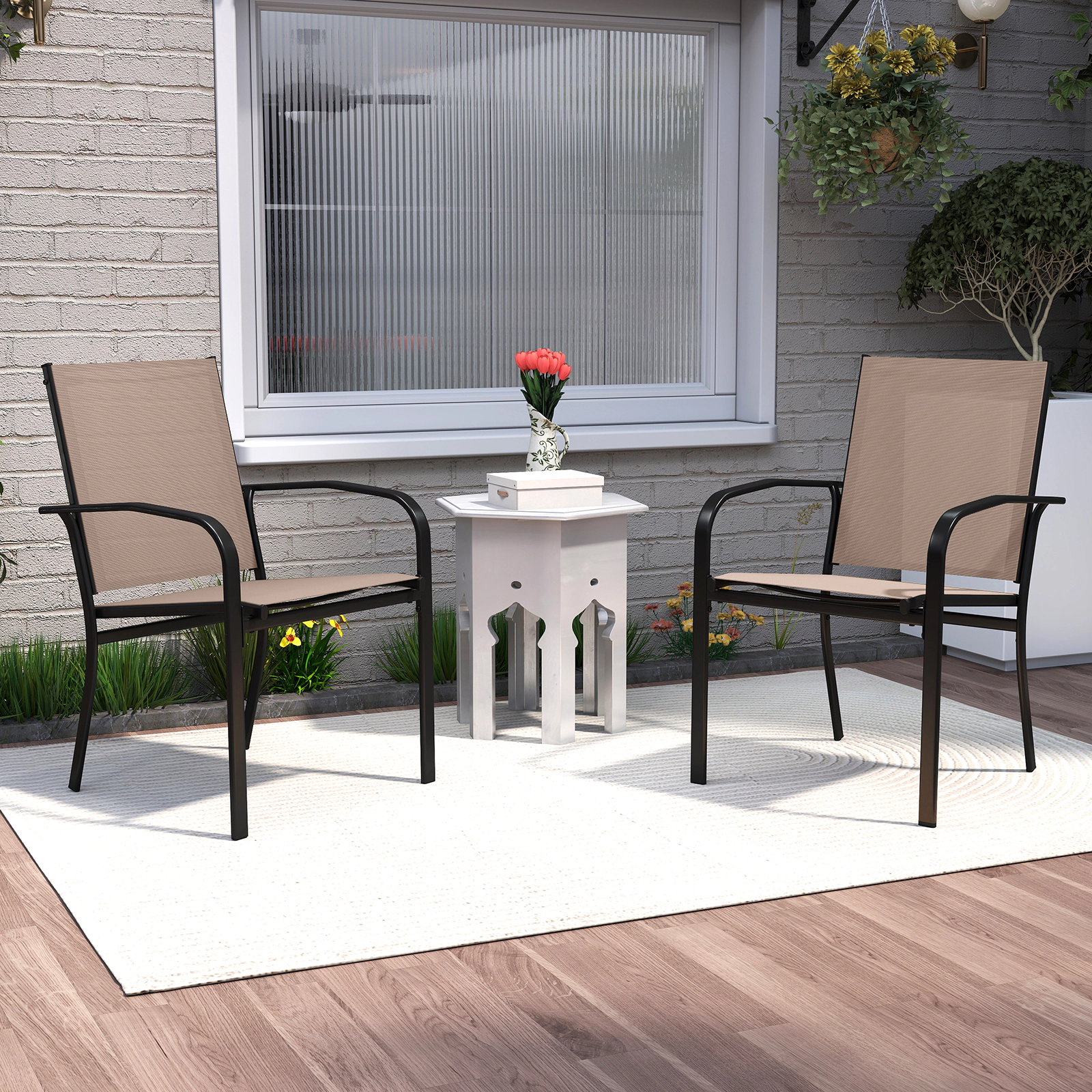 SUGIFT High Back Stackable Metal Outdoor Dining Chairs Set of 2 330-lb Capacity Light Brown
