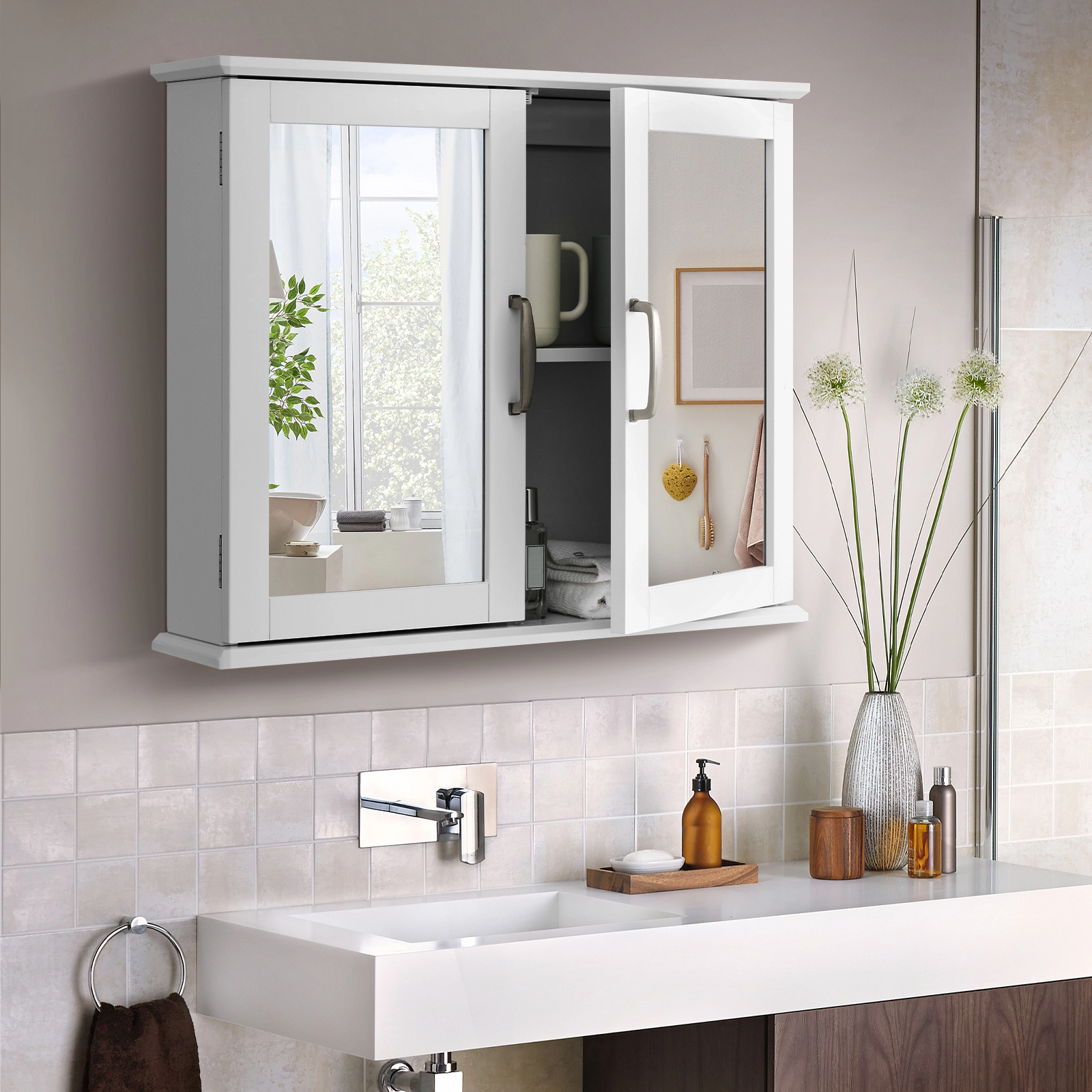 Slickblue Wall Mounted Bathroom Mirror Cabinet with Double Doors and Interior Storage