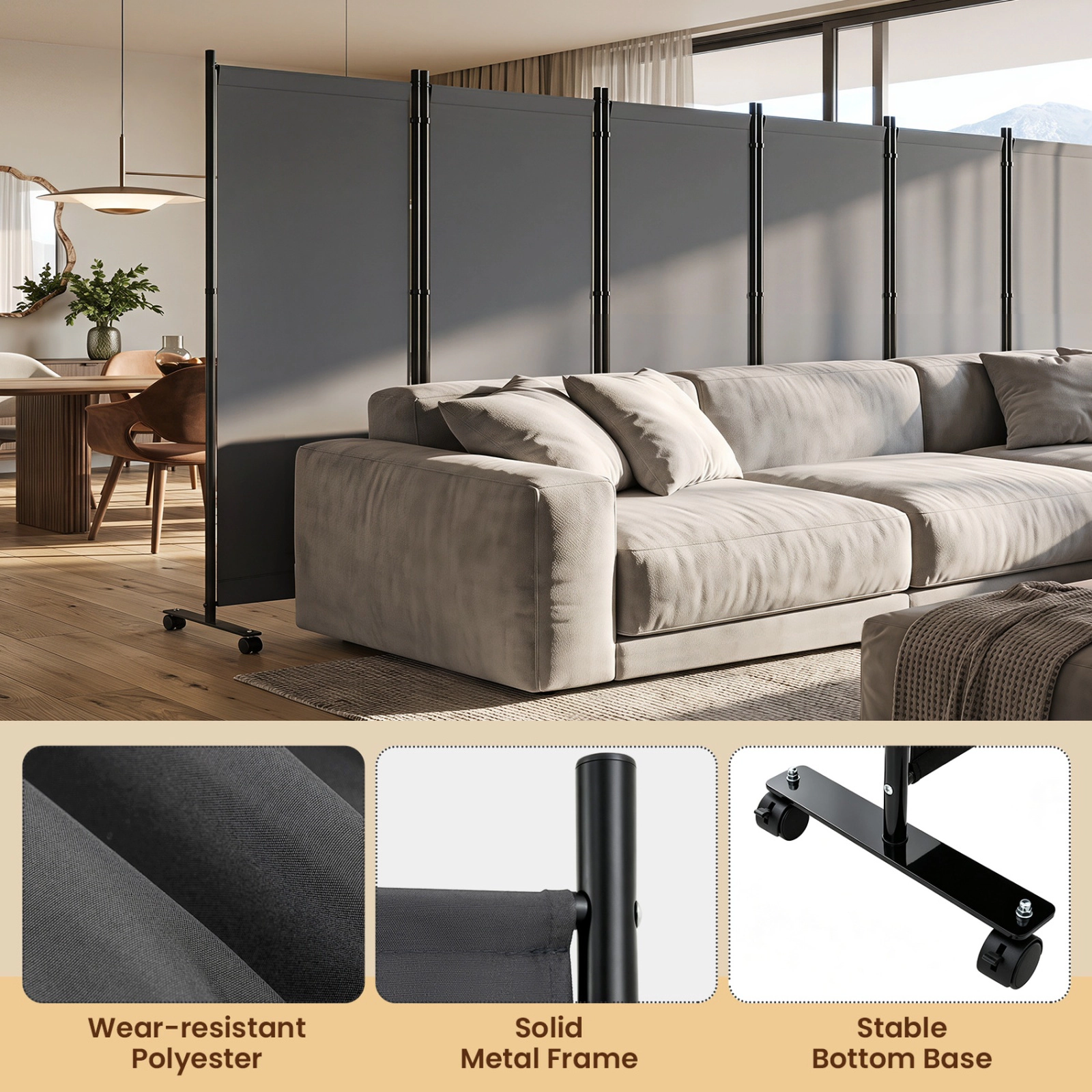 SUGIFT 6-Panel 205-in Wide Folding Privacy Screen Room Divider on Universal Wheels with 65.5-in Panels