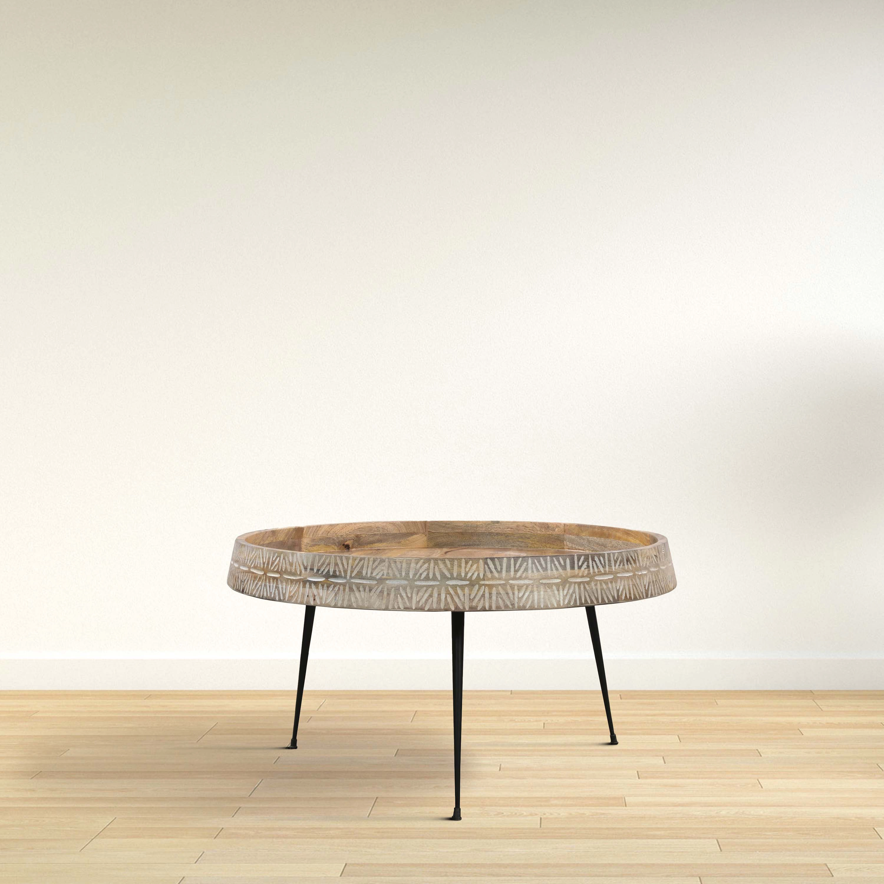 The Urban Port Gia 29 Inch Modern Handcrafted Round Coffee Table, Natural Brown Wood with Carved Edge, Black Iron Legs