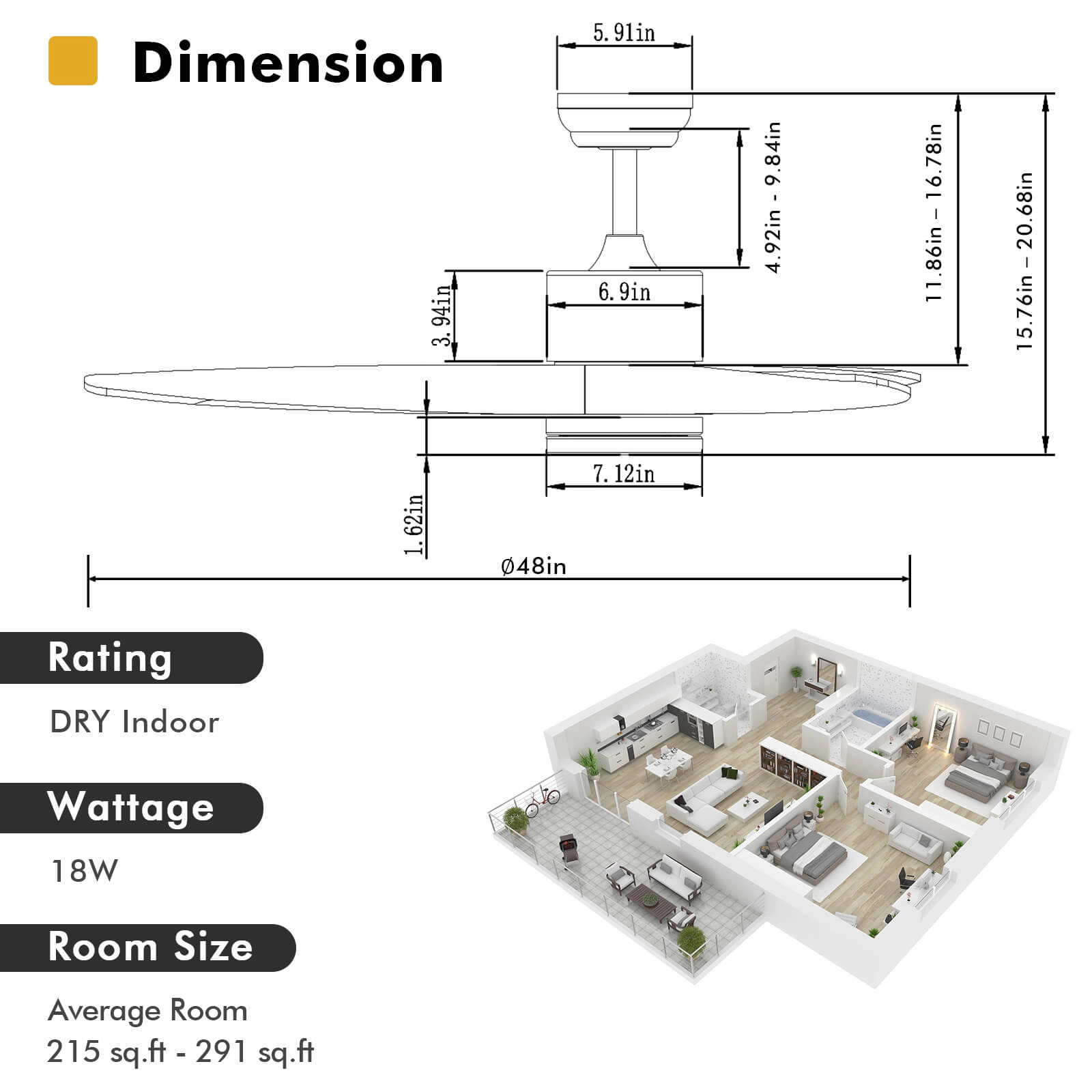 SUGIFT 48-in Wood Ceiling Fan with 18W LED Light 6-Speed DC Motor Remote 3 Paulownia Blades for 215-291 sq.ft Nickel