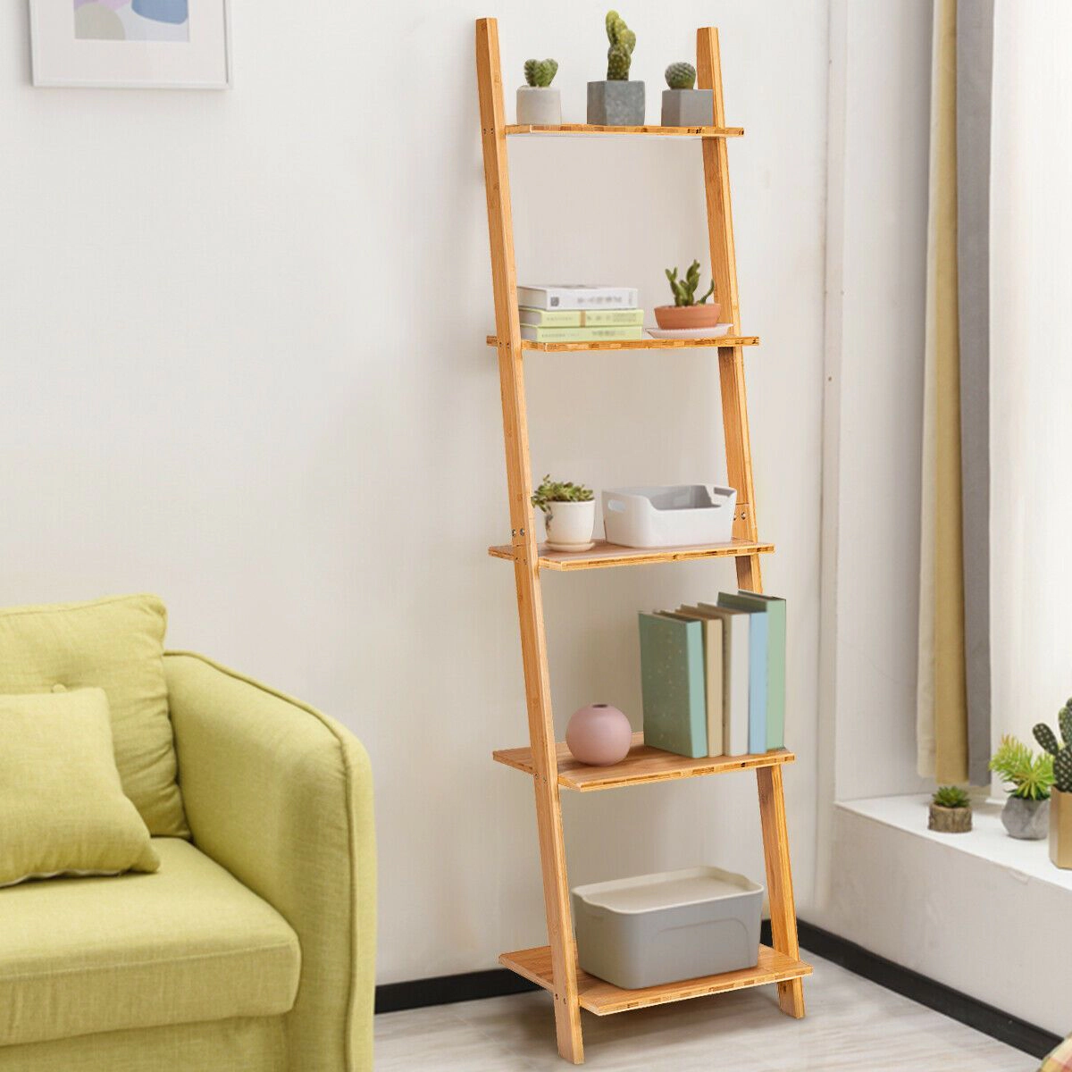 SlickBlue 65 Inch 5-Tier Wicker Leaning Bookshelf