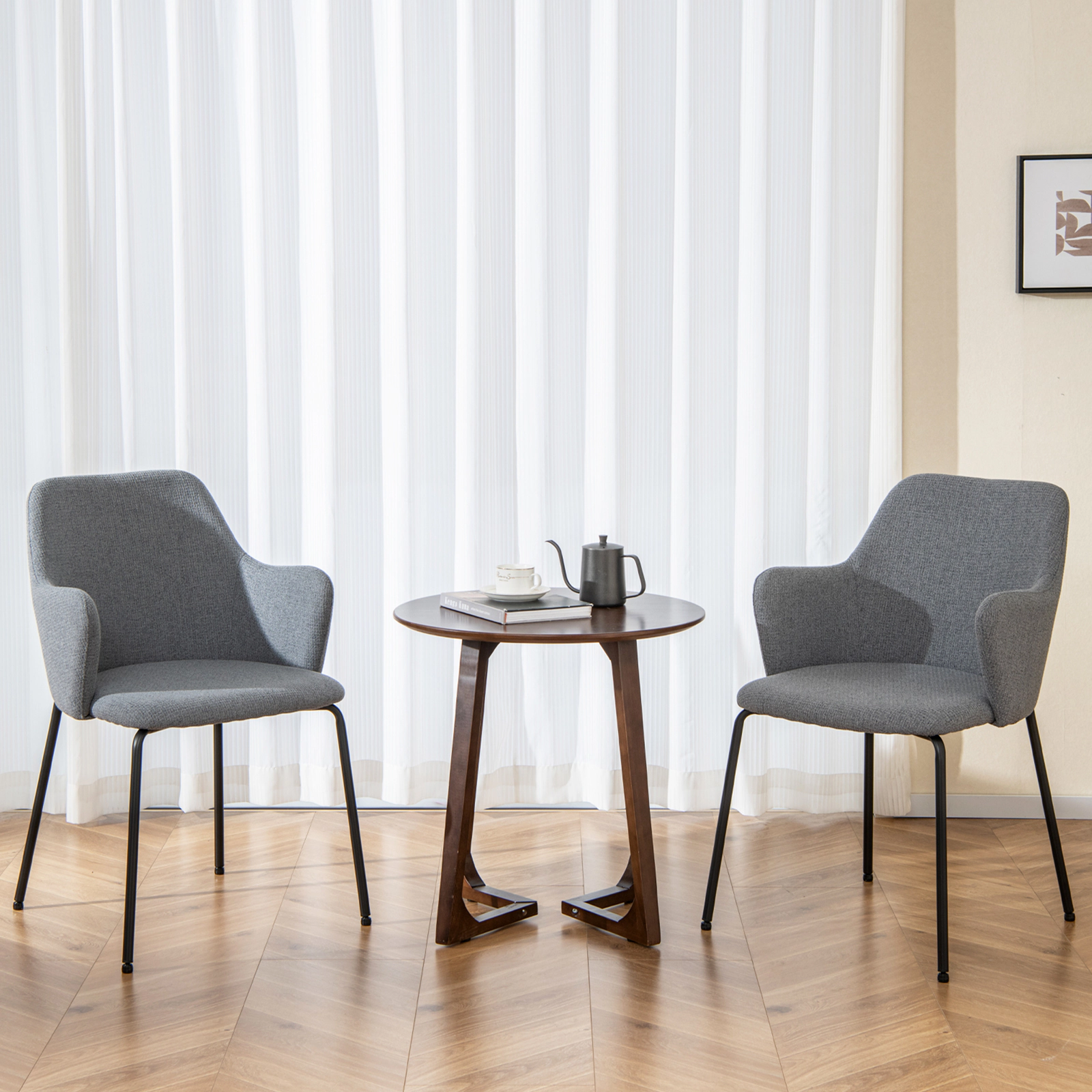 SUGIFT Gray Curved Backrest Wide Seat Armrests and Metal Frame Set of 2 Dining Chairs