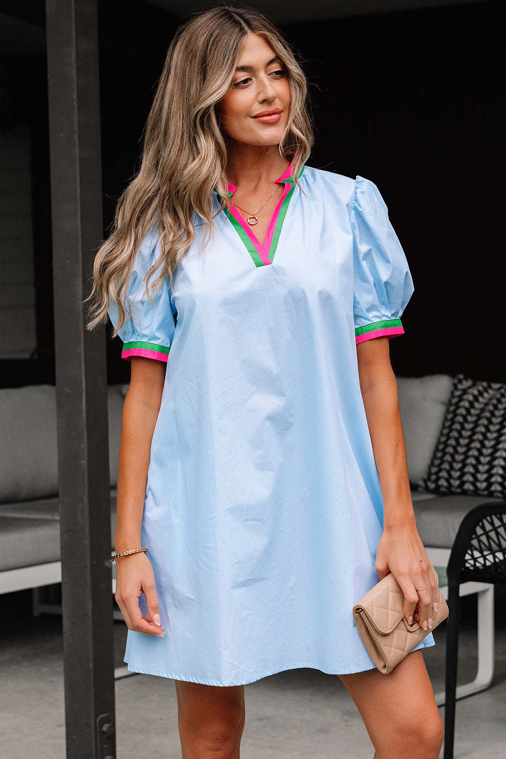Threaded Pear Women's Lily Striped Notched V Neck Puff Sleeve Mini Dress