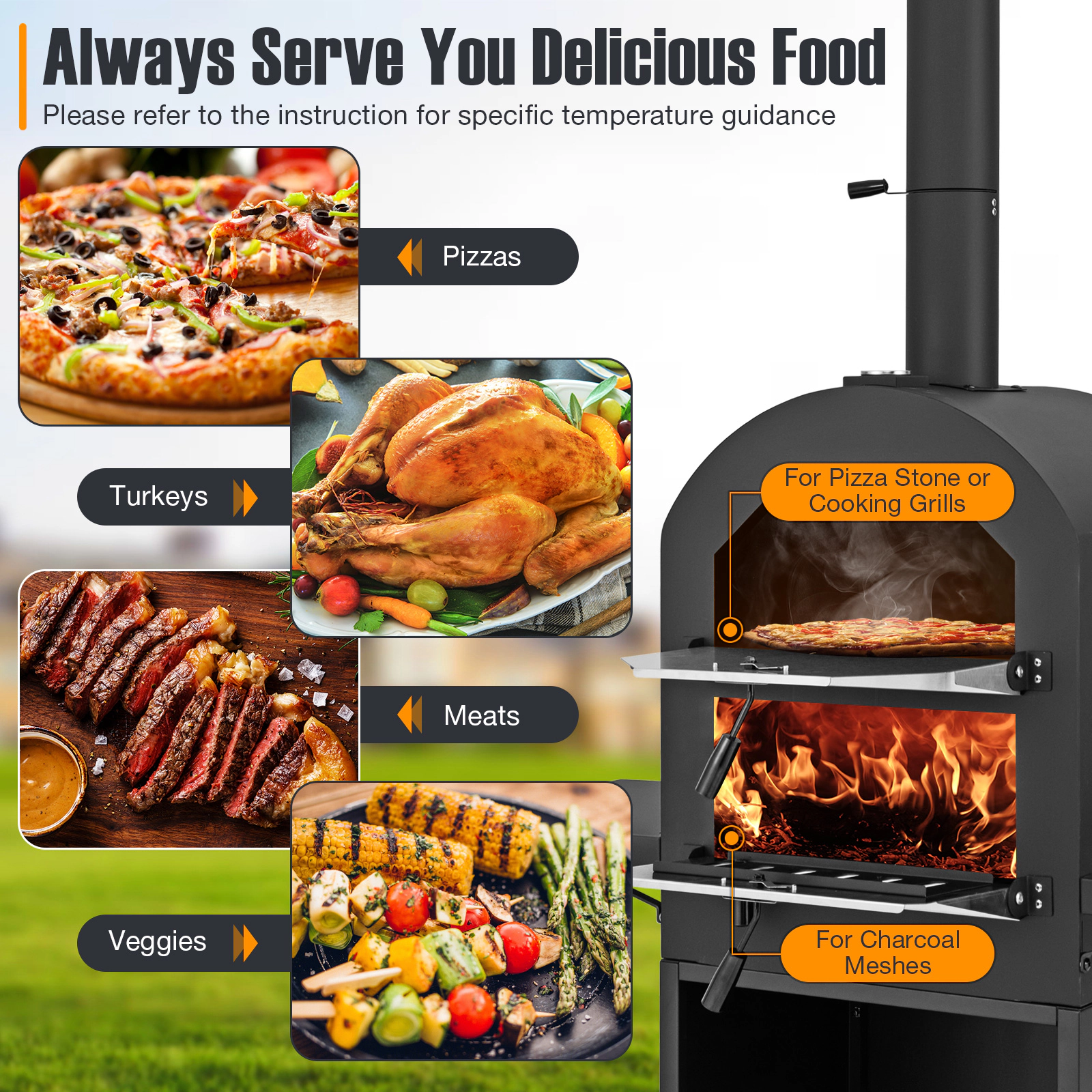 SUGIFT Outdoor Pizza Oven Grill Racks Built-in Thermometer 12 x 12-in Cordierite Stone 750 F Max 67-in Tall Black