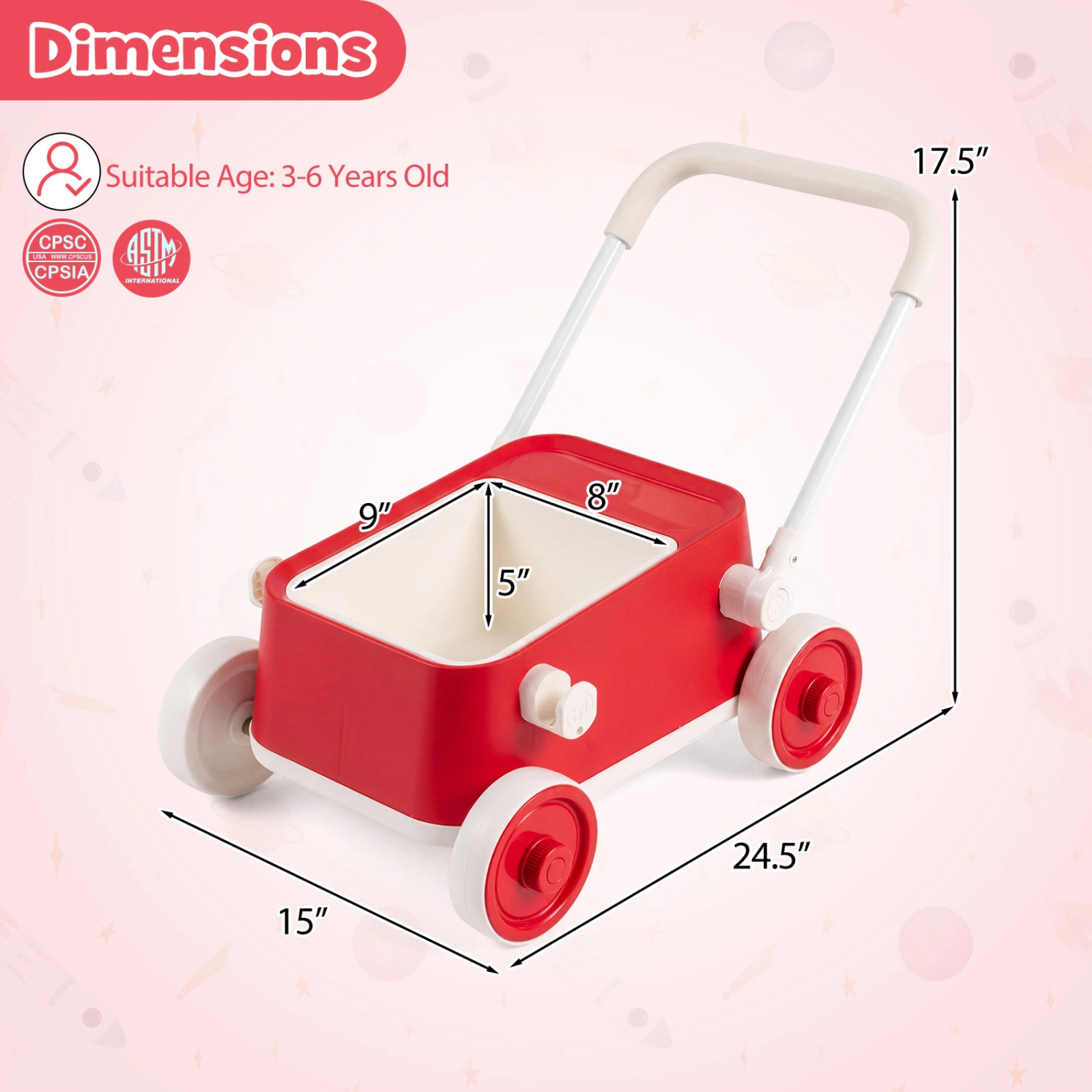 SUGIFT Red Wheels Foldable Handlebar and Storage Basket Baby Push Walker