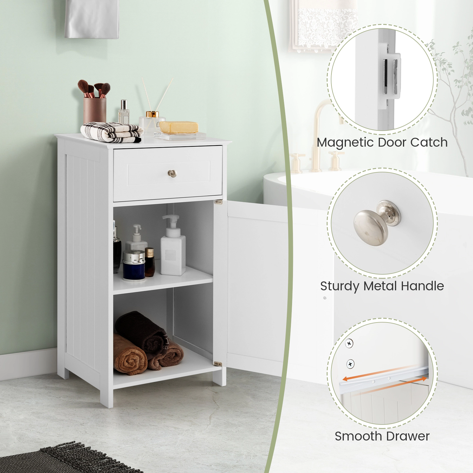 Glintex Freestanding Bathroom Cabinet with Single Door Adjustable Shelf and Drawer, White