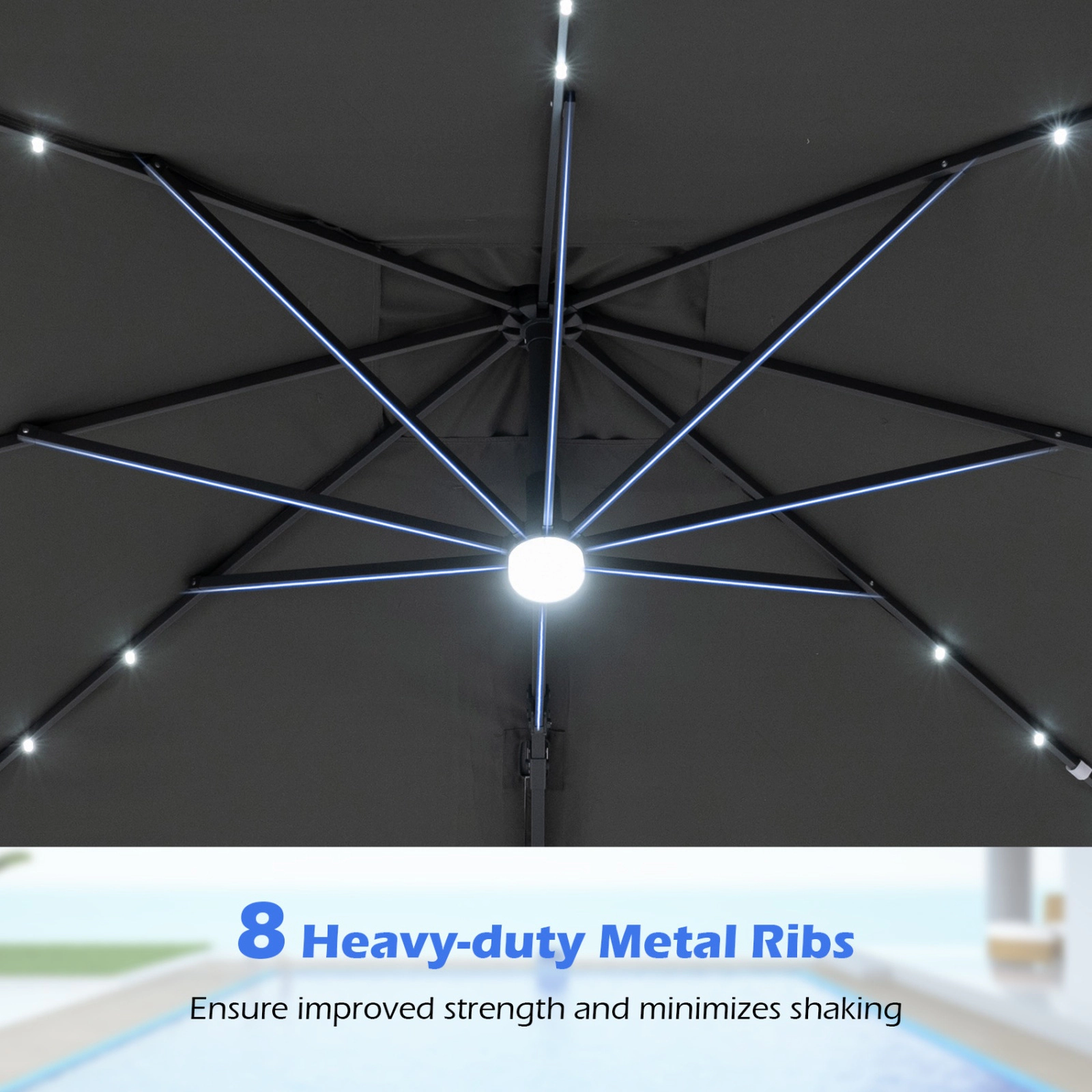 SUGIFT Gray 32 Solar LED Lights and 220 LB Base 10 FT Square Cantilever Patio Umbrella