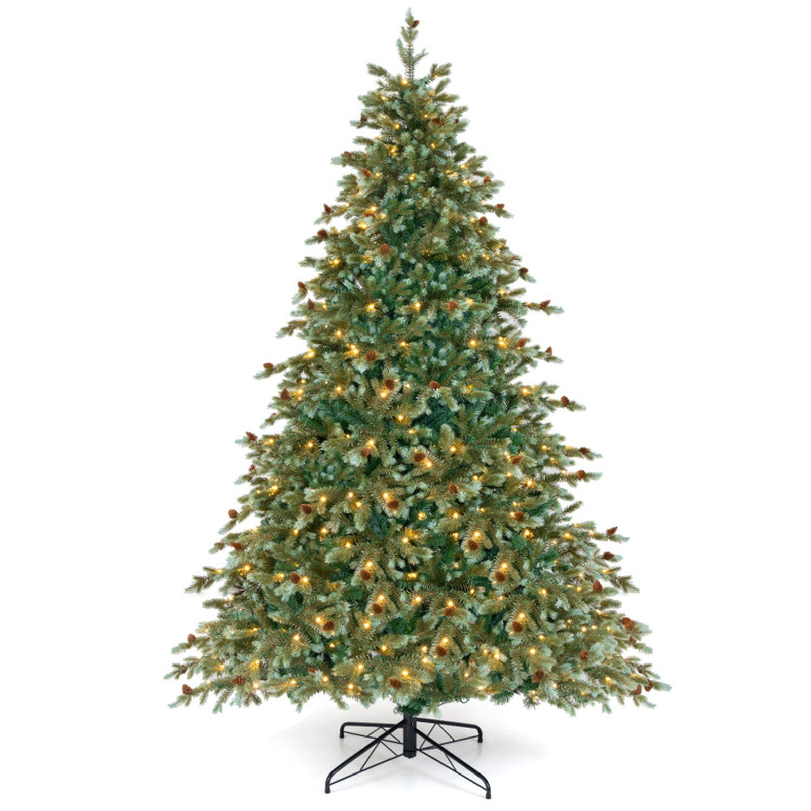 SUGIFT Pre-Lit 7-Foot Artificial Christmas Tree with 846 Branch Tips 340 Warm White LED Lights and Pine Cones Green