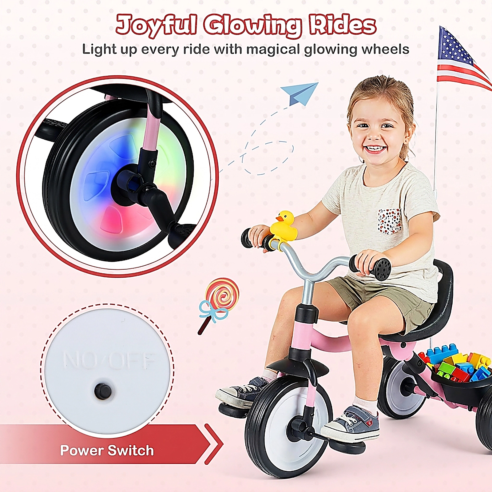 SUGIFT LED Glowing Wheels 3-Position Seat and Storage Basket Toddler Tricycle