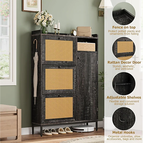 BebreezChic Rattan 4-Tier Shoe Cabinet with Flip Drawers,Vintage