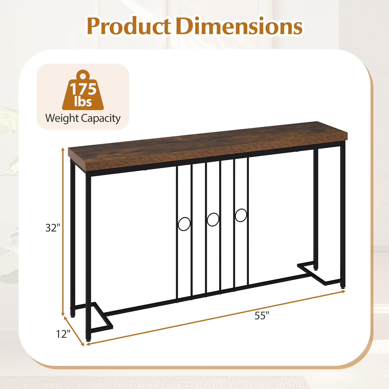 SUGIFT 1.6-in Thick Top H-Shaped Metal Base Industrial Console Table 55-in x 12-in x 32-in 175-lb Capacity Brown
