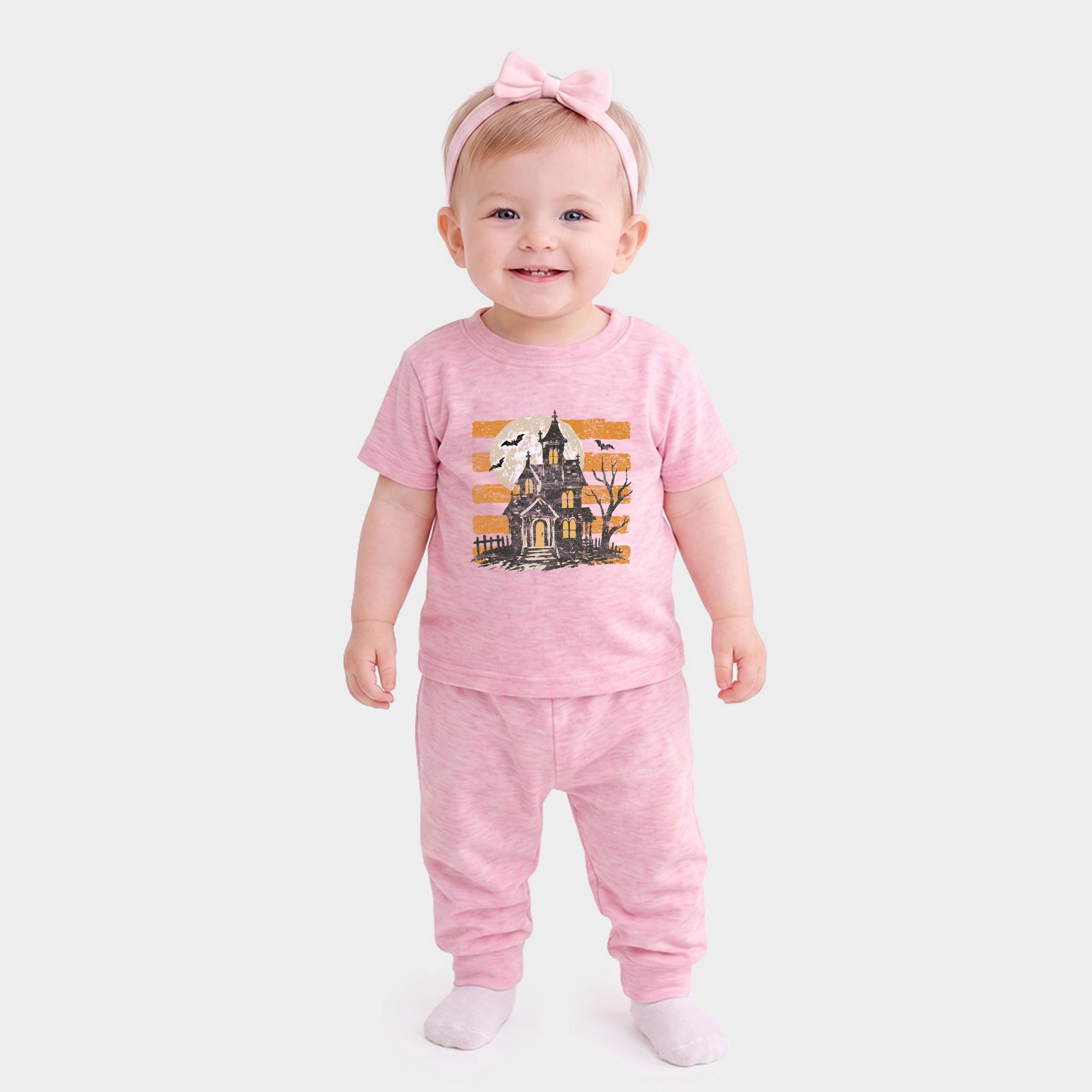 The Juniper Shop - Infant Jogger Pant Crew Set Haunted House Orange Stripes