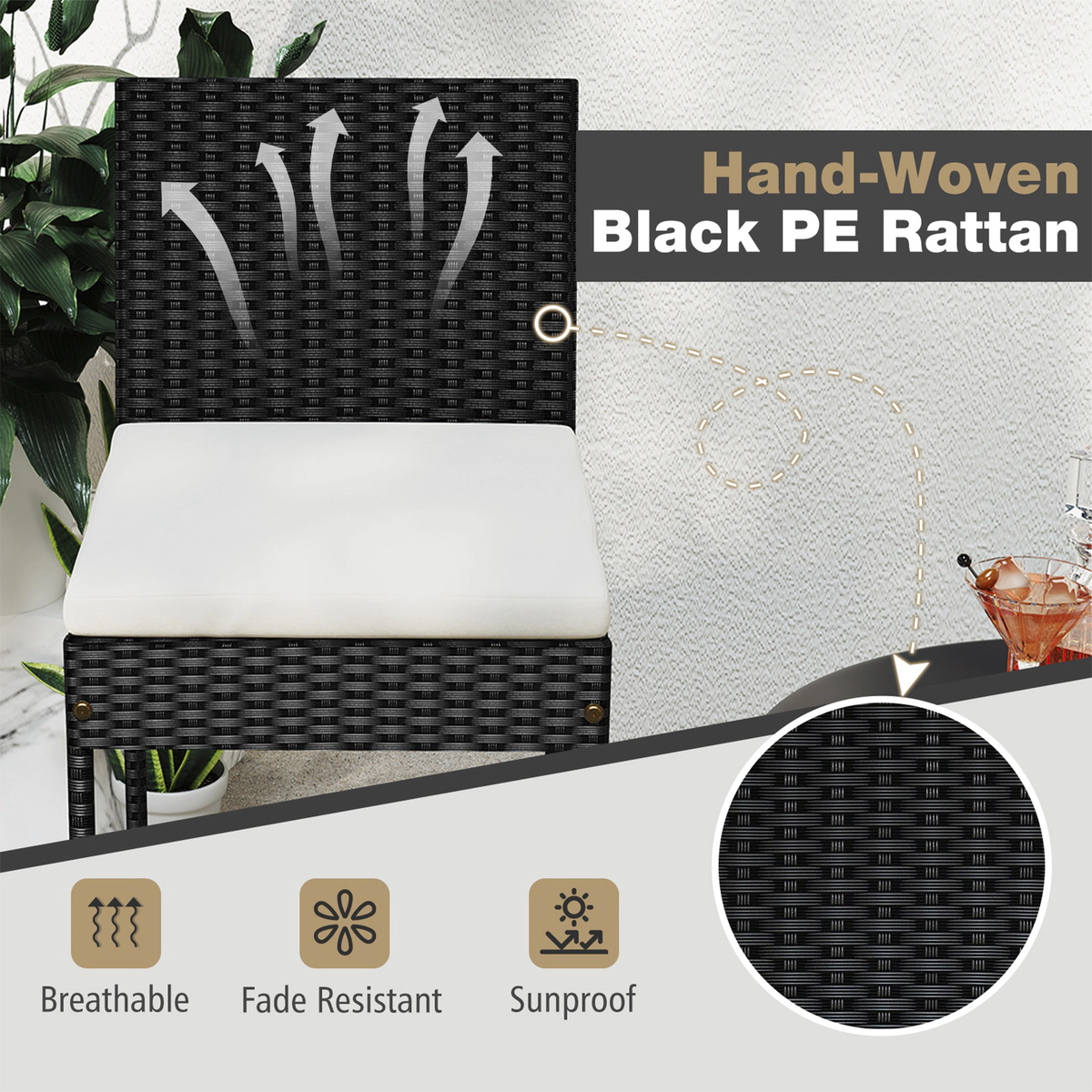 SUGIFT Set of 4 Black Outdoor Bar Stools, 30-Inch Seat, PE Rattan, Cushions