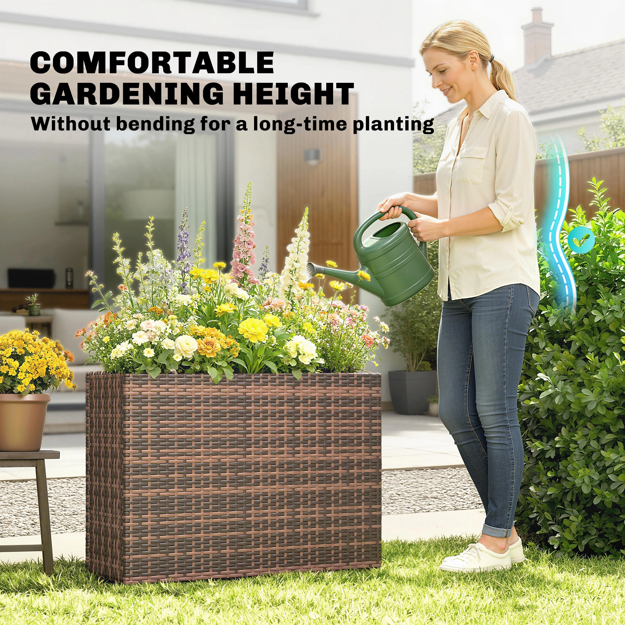 HONGGE Tall Rectangular Planter with Removable Liner Holes PE Wicker Large Box for Indoor Outdoor Plants
