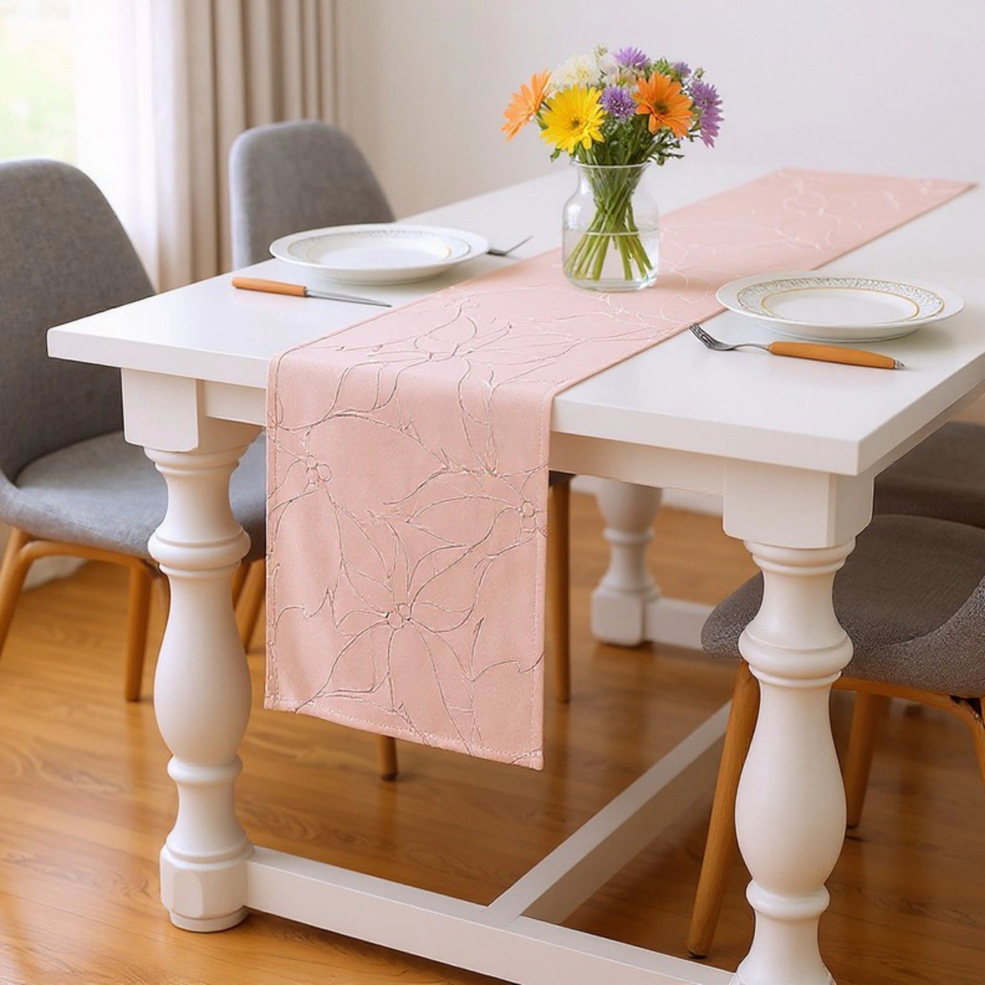 Alilang Women Floral Line Art Table Runner with Soft Woven Finish