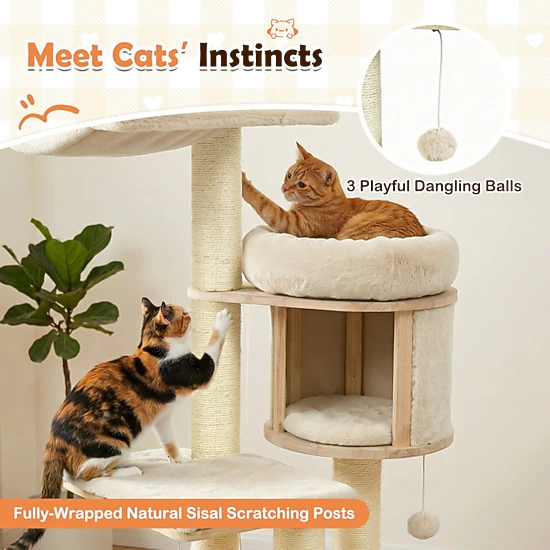 SUGIFT Beige Rubber Wood Cat Tree with Condo Hammock and Plush Beds 26-in W 19-in D 55-in H 33-lb Per Tier