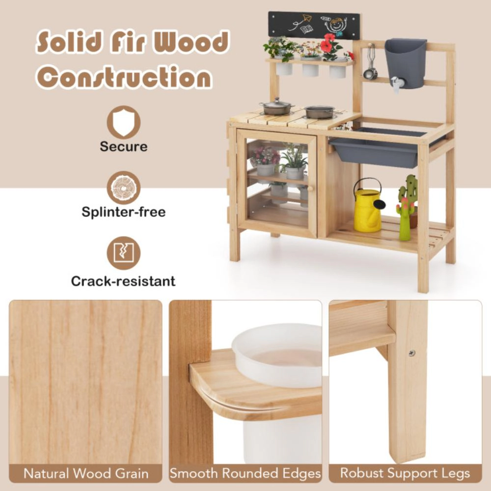 Hivvago Mud Kitchen Playset with Sink and Plants Observation Room-Natural