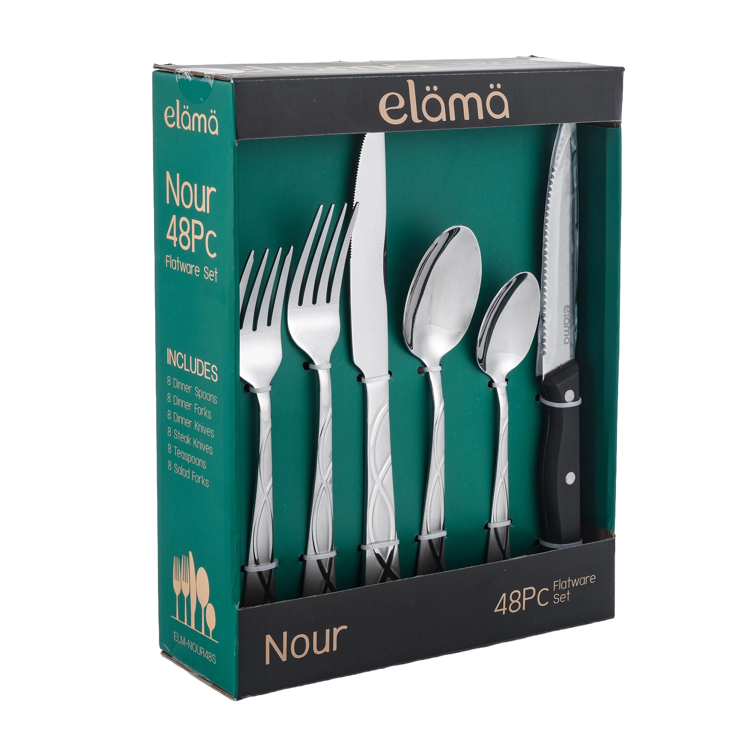 Elama Nour 48 Piece Mirror Polished + Sand Blasted Stainless Steel Flatware Set with Steak Knives