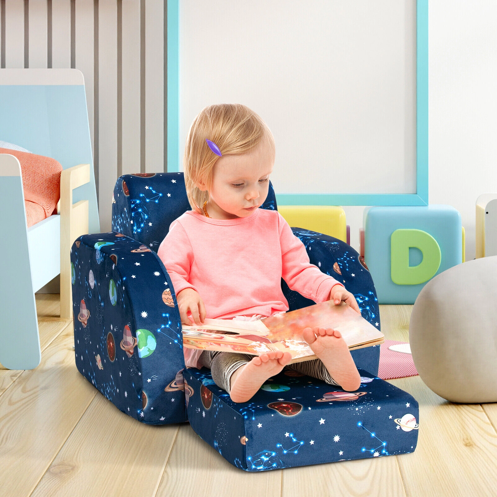 SUGIFT Blue for Toddlers 3-in-1 Convertible Kids Flip-Out Sofa Chair Lounger