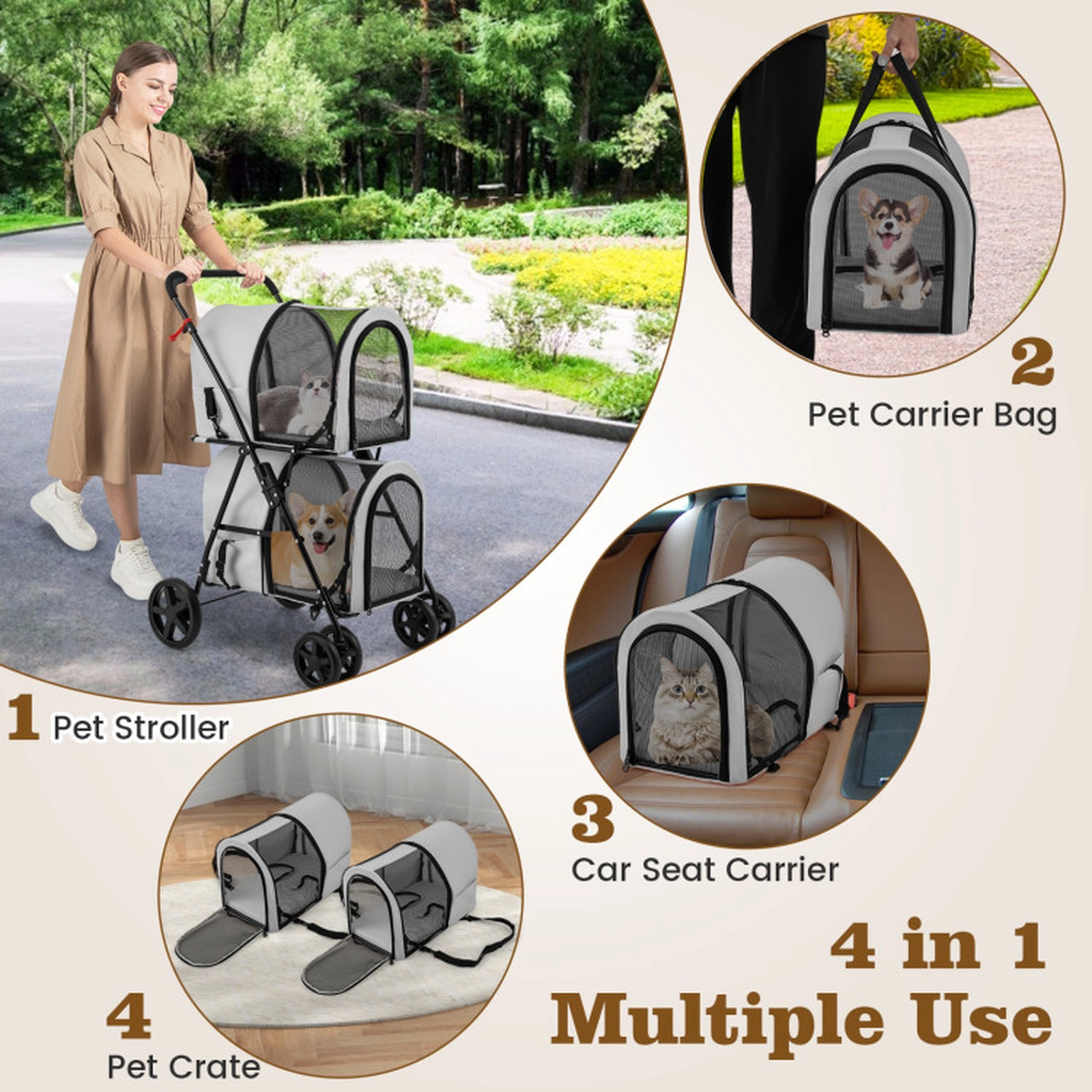 SUGIFT 4-in-1 Double Pet Stroller with Detachable Carriers and Car Seat Carrier 17-lb Capacity Beige Blue Black
