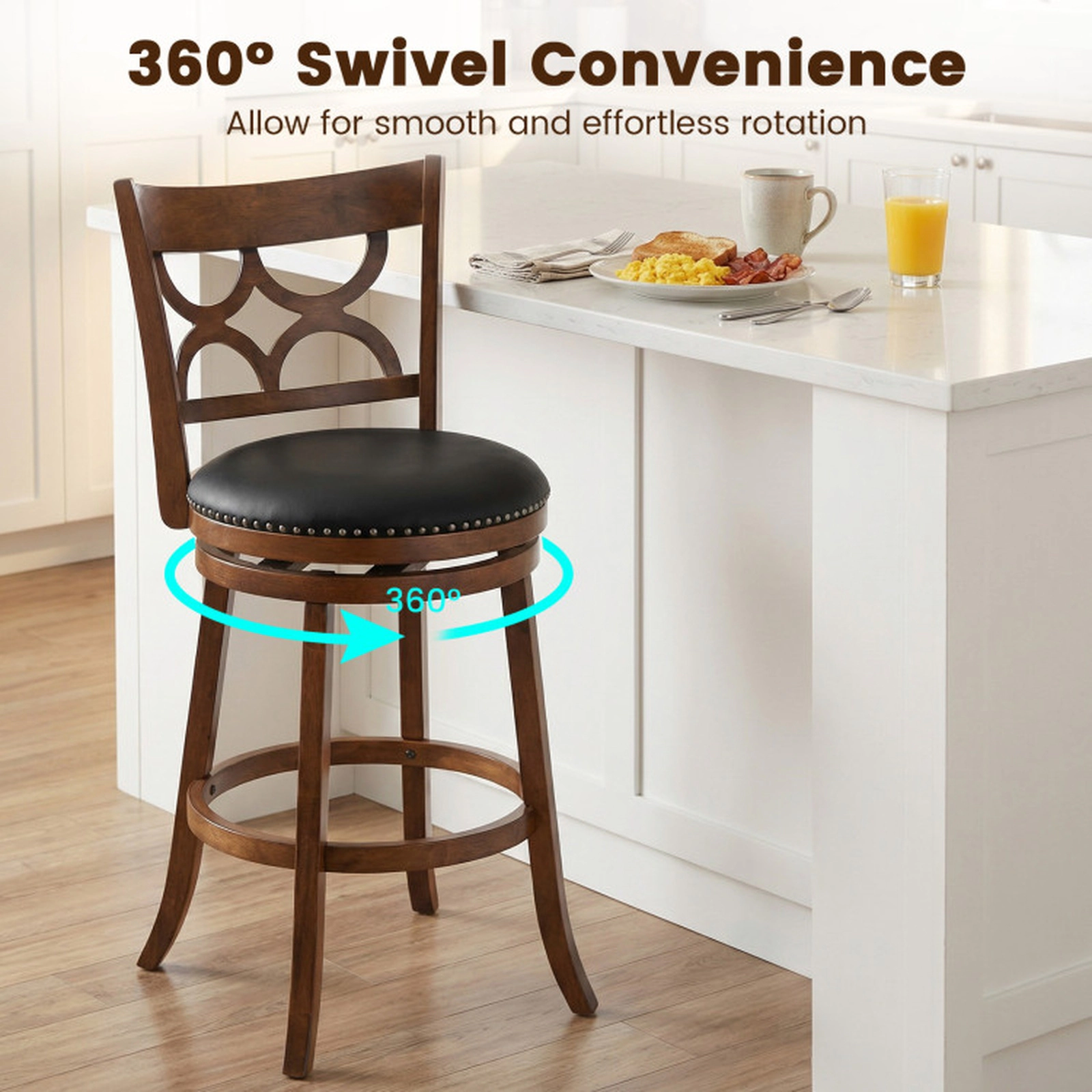 SUGIFT Set of 2 Espresso Swivel Bar Stools, High Backrest, Nailhead Trim, 26/31 in Seat Height