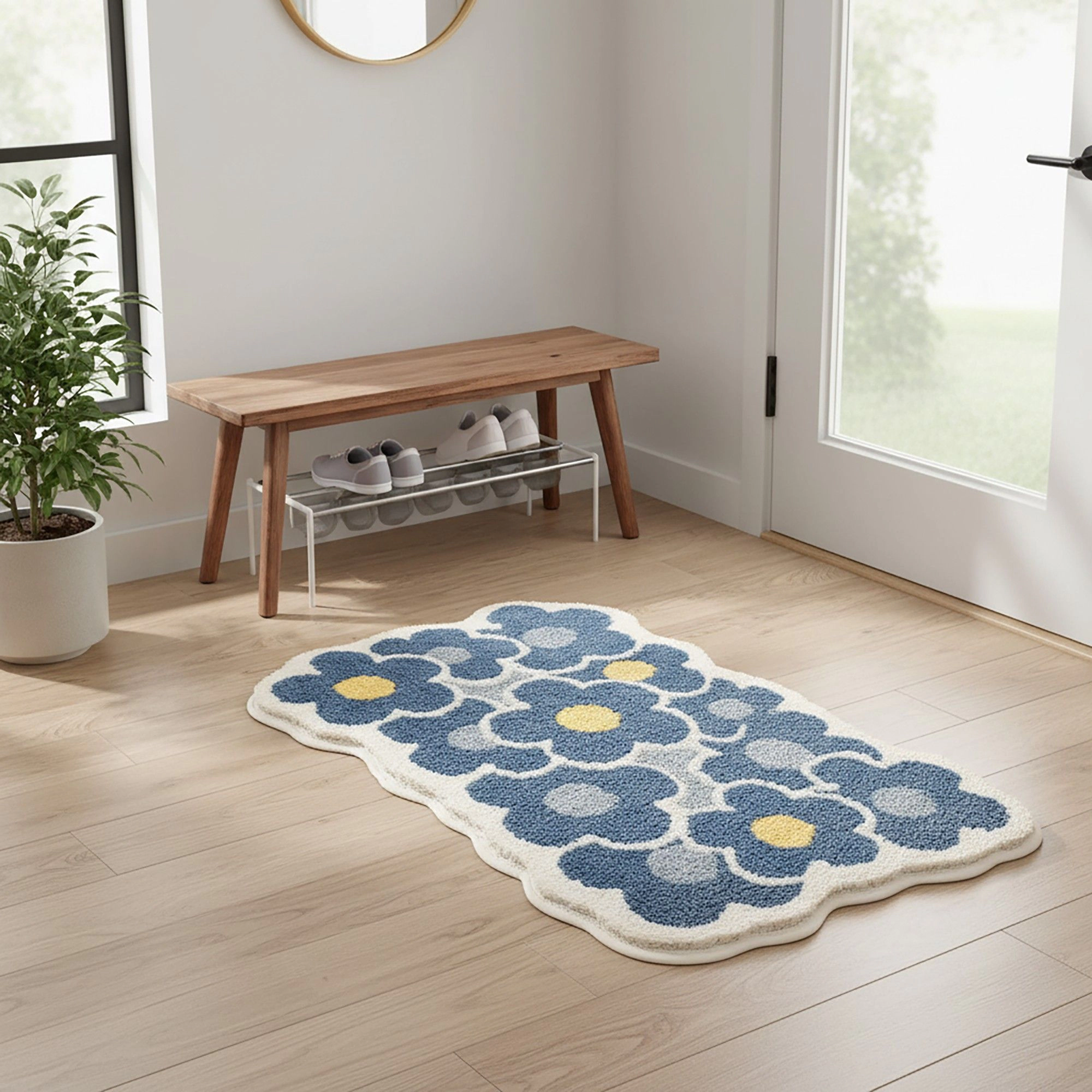 Alilang Unisex Tufted Floor Mat with Floral Daisy Pattern Non Slip Backing Soft Plush Decorative Scalloped Edge Rug