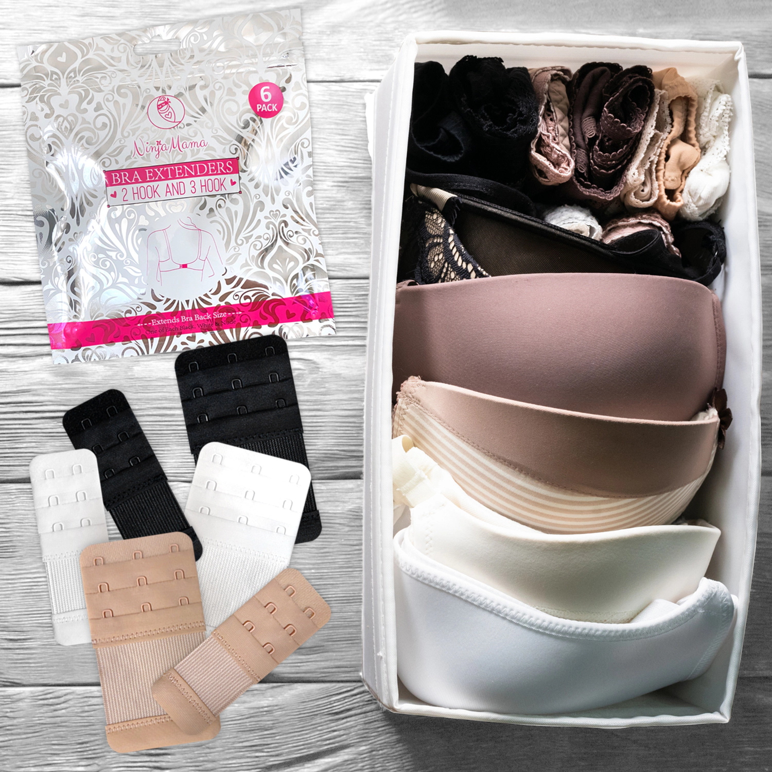 Ninja Mama Women's Bra Extenders Pack of 6 - Black White Nude